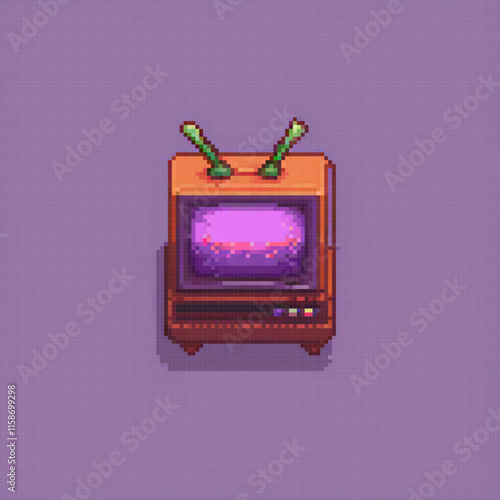 An orange TV green antennae purple screen pixel art style