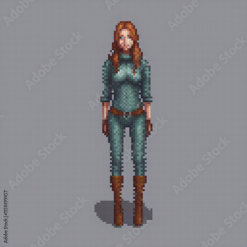 Pixel art image woman green suit standing front grey background