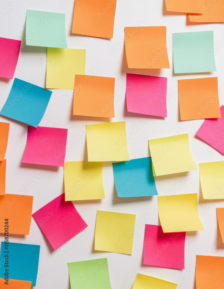 Colorful sticky notes arranged randomly on a white background, creating a vibrant and organized workspace aesthetic Colorful sticky notes arranged randomly on a white background, creating a vibrant and organized workspace aesthetic