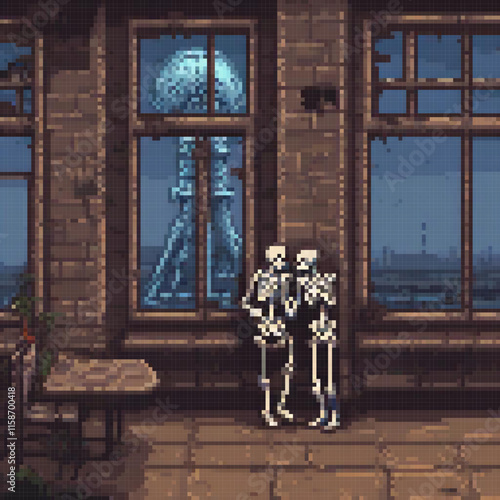 Two skeletons one wearing tie standing next large structure view ocean