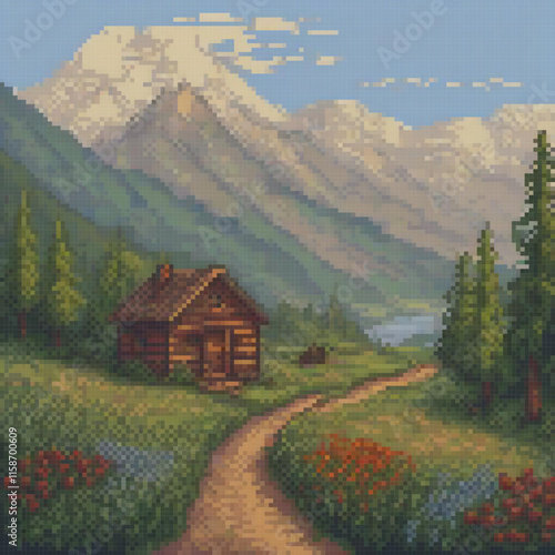 Pixel art image depicts serene mountain landscape cabin path river