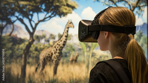 Young Girl Experiencing Virtual Reality with Giraffe Background