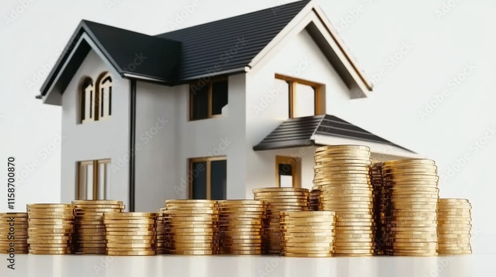 House and coin stack on white background illustrate rent cost management and home savings goals. Energy-efficient living, daily cost awareness, and AI-generated imagery for investment property dreams House and coin stack on white background illustrate rent cost management and home savings goals. Energy-efficient living, daily cost awareness, and AI-generated imagery for investment property dreams