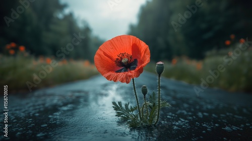 Red poppy defiantly growing through wet pavement closeup image. Rainy countryside road with blooming wildflower close up photography. Overcast day. Resilience concept photo realistic
