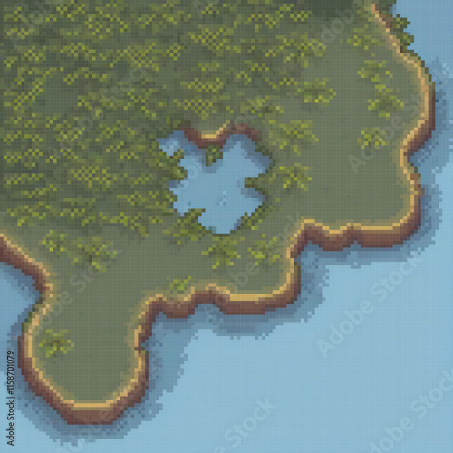 Pixel art image lush green island large body water small hole unique feature