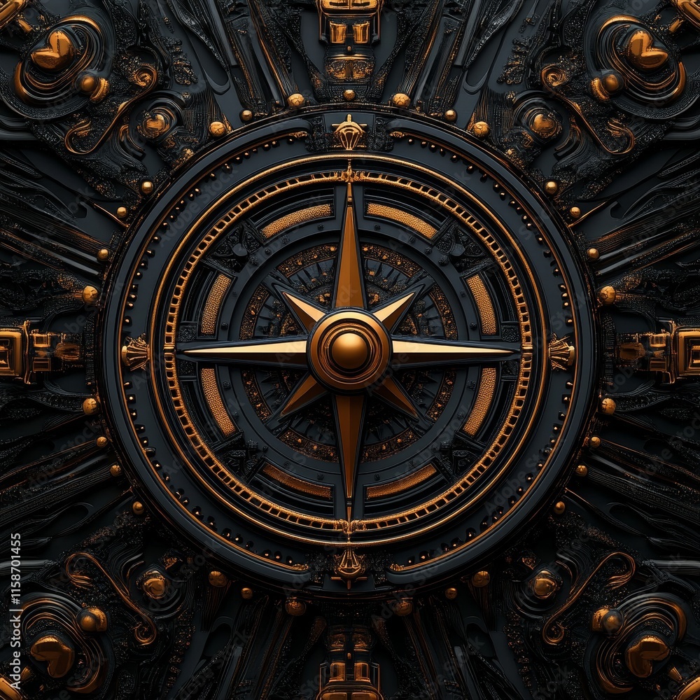 Fototapeta premium Ornate Compass Design with Intricate Black and Gold Patterns
