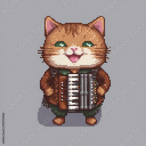 Pixel art image cat standing next musical instrument possibly tambourine green smile brown jacket