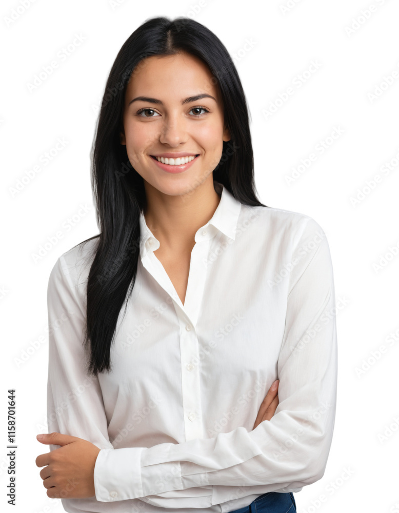 a beautiful girl standing straight confident with long black hair wearing a white shirt . PNG transparent background. ai generator a beautiful girl standing straight confident with long black hair wearing a white shirt . PNG transparent background. ai generator