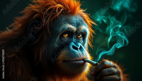 A Striking Portrait of an Orangutan Smoking a Cigarette, Bathed in Teal and Orange Hues photo