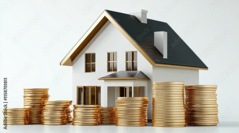 House and coin stack on white background illustrate rent cost management and home savings goals. Energy-efficient living, daily cost awareness, and AI-generated imagery for investment property dreams House and coin stack on white background illustrate rent cost management and home savings goals. Energy-efficient living, daily cost awareness, and AI-generated imagery for investment property dreams