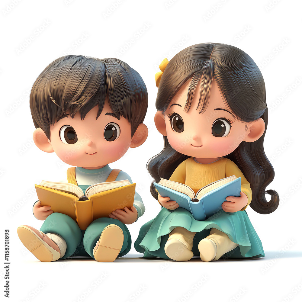 Two children sitting and reading books. Two children sitting and reading books.