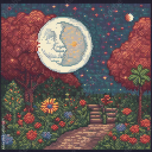 Pixel art image depicts serene scene moon flowers path tree