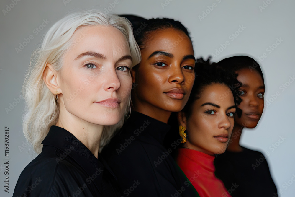 Four diverse women showing female empowerment and ethnicity variety Four diverse women showing female empowerment and ethnicity variety