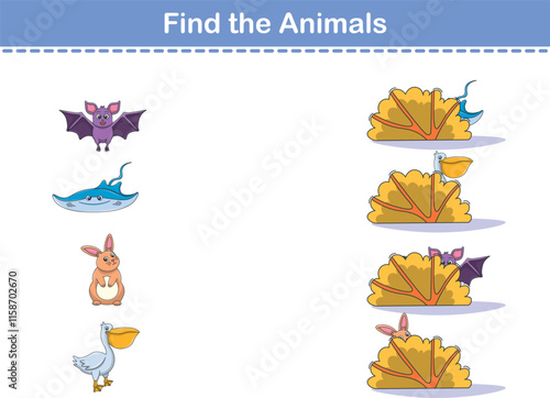 Find Hiding Animals. Child Exercise Sheet with wild animals. Printable worksheet. Cartoon vector illustration