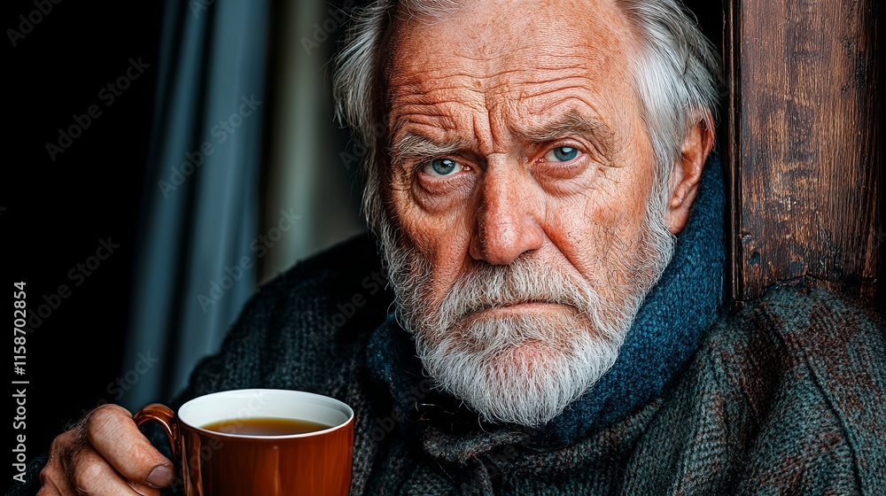 Elderly Man Holding a Cup of Tea in a Cozy Setting Elderly Man Holding a Cup of Tea in a Cozy Setting