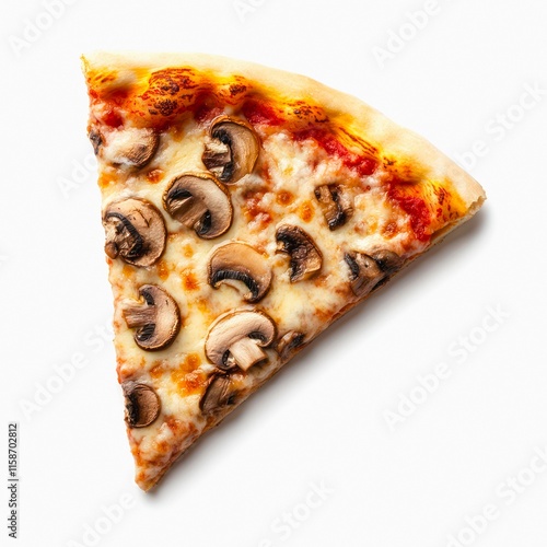 Slice of pizza with mushrooms isolated on white background.