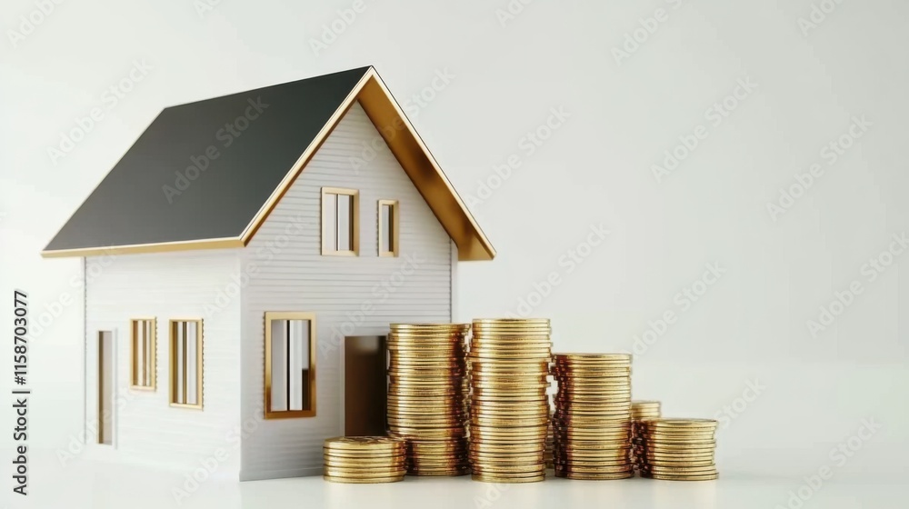 House and coin stack on white background illustrate rent cost management and home savings goals. Energy-efficient living, daily cost awareness, and AI-generated imagery for investment property dreams