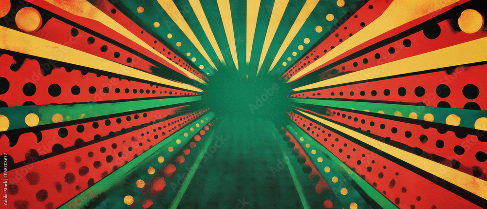Fototapeta premium Pop art empty banner design with colorful rays and halftone effects for creative projects