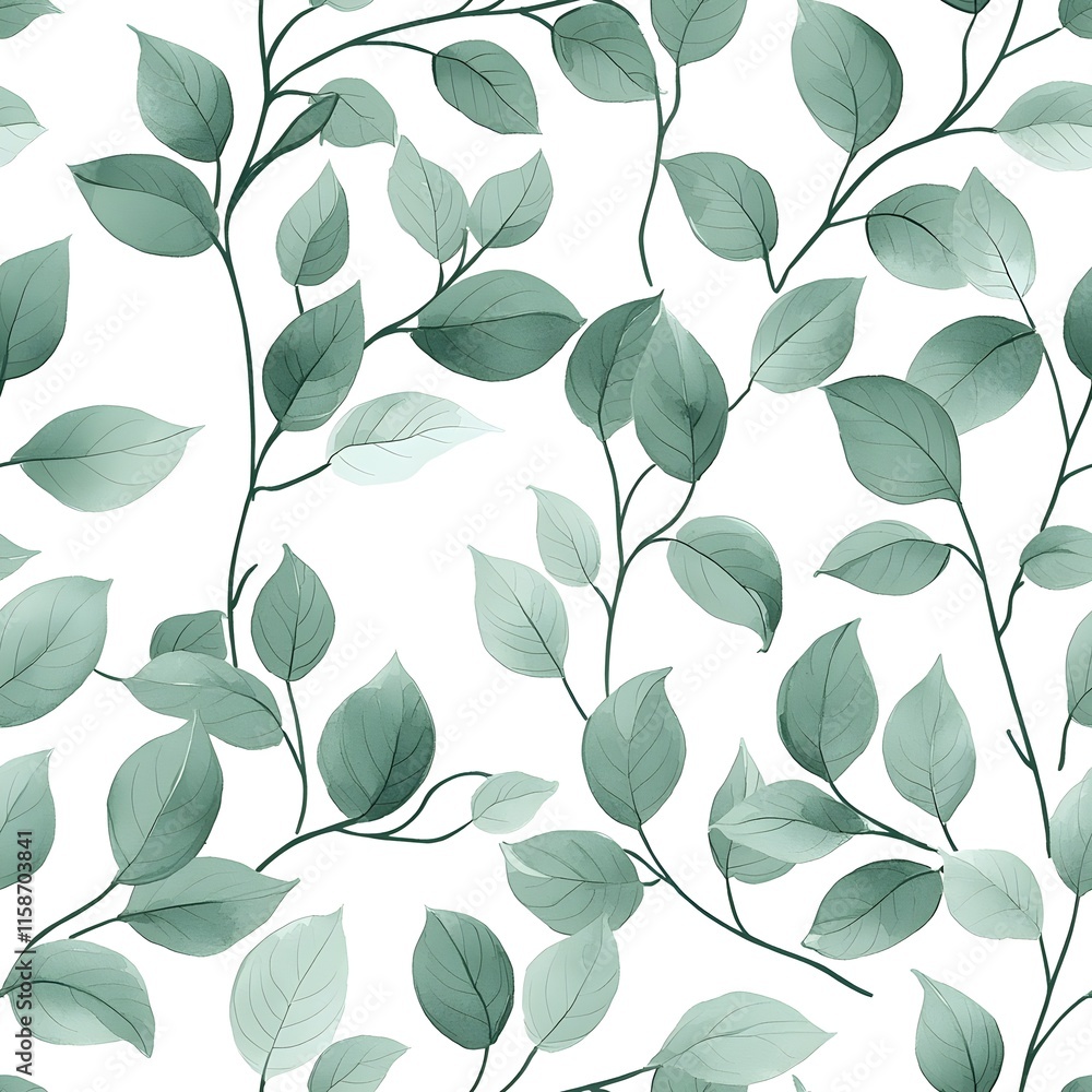 Seamless pattern of sage green vines gracefully sprawled across a crisp white background Seamless pattern of sage green vines gracefully sprawled across a crisp white background
