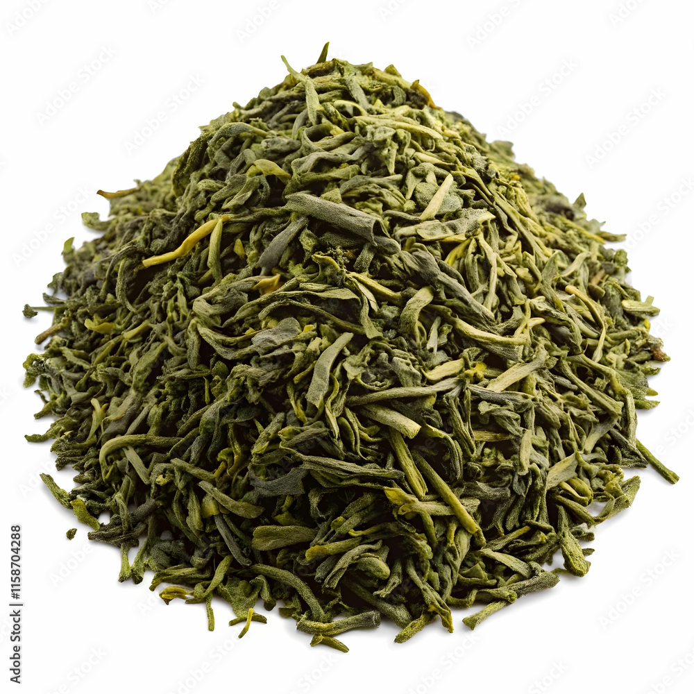 A small heap of green tea leaves is neatly arranged, showcasing their vibrant color and delicate texture. A small heap of green tea leaves is neatly arranged, showcasing their vibrant color and delicate texture.