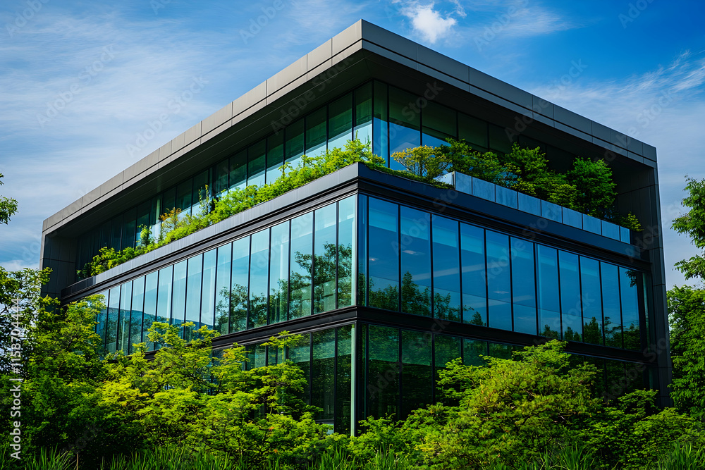 Contemporary Office Building Surrounded by Lush Greenery and Reflected in Large Glass Windows. Generative AI Contemporary Office Building Surrounded by Lush Greenery and Reflected in Large Glass Windows. Generative AI
