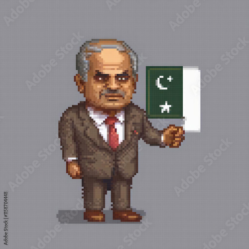 Pixel art image depicts an older man possibly politician holding green flag star red tie