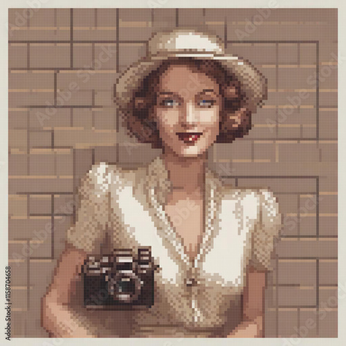 Woman white dress stands next camera possibly pixel art style