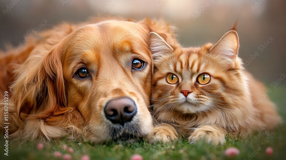 Close-Up Photo: Golden Retriever and Ginger Cat Cuddle Gently Outdoors. AI Generated Close-Up Photo: Golden Retriever and Ginger Cat Cuddle Gently Outdoors. AI Generated