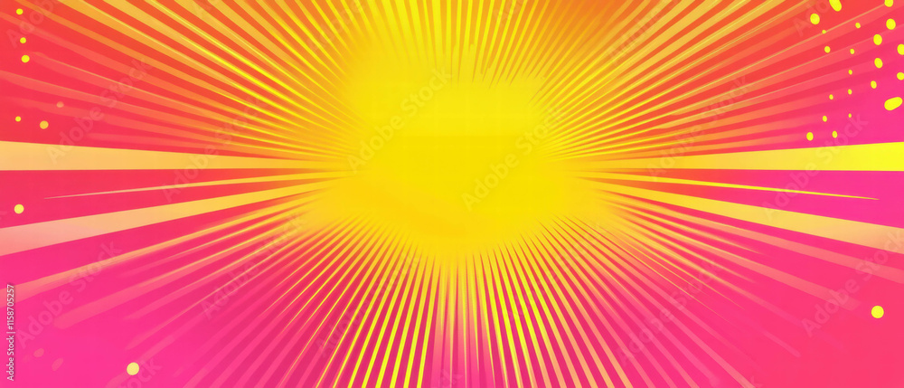Fototapeta premium Vibrant pop art banner design with halftone effects and radiant pink and yellow stripes