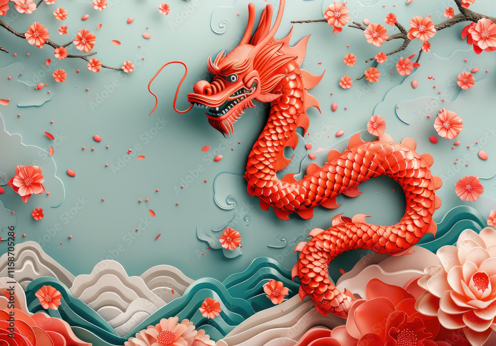 Obraz premium Happy Chinese New Year 2024 poster with traditional dragon silhouette, 3D flowers, and Asian clouds on a blue background.