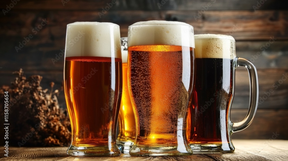 Four glassed of beer on wooden background Four glassed of beer on wooden background
