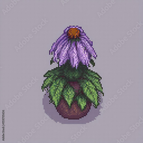 Pixel art image depicts wilted purple flower brown leaves placed brown vase