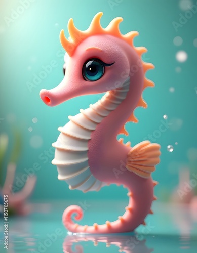 Adorable Pink Seahorse 3D Render Ocean Background Cute Style photo