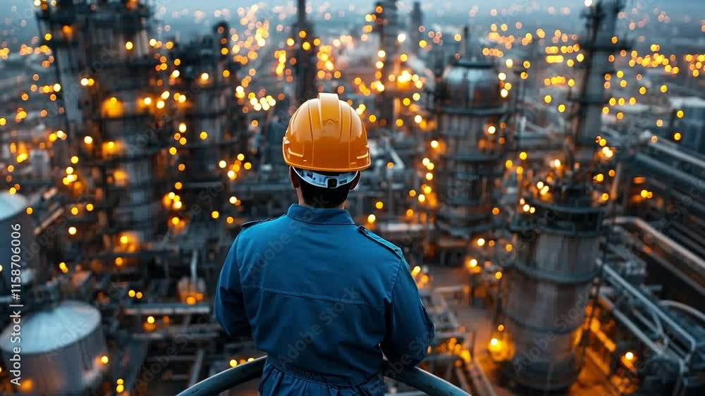 A worker in blue uniform and hardhat standing on a platform overlooking a large chemical plant. A worker in blue uniform and hardhat standing on a platform overlooking a large chemical plant.