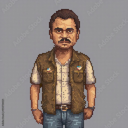 Pixel art image man mustache brown vest watch standing front grey background