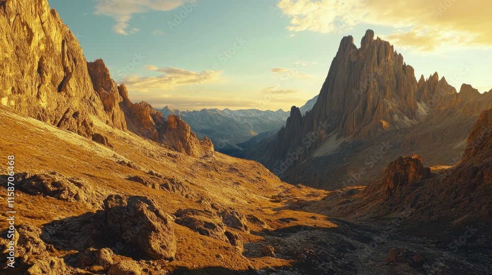 Golden Hour Light Illuminates Rugged Mountain Range