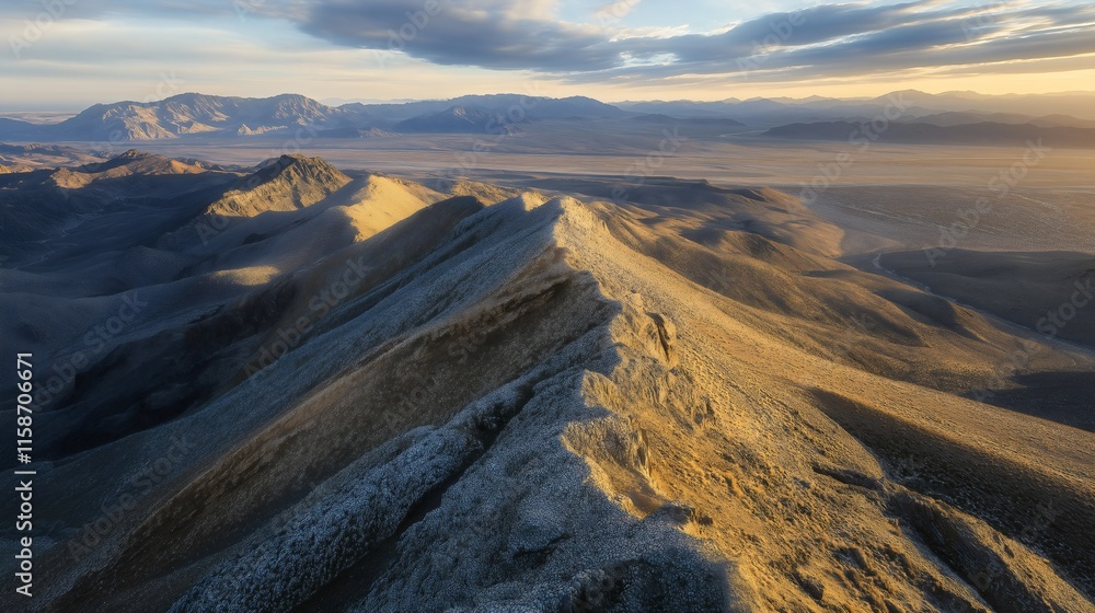 Fototapeta premium Breathtaking Aerial View of Mountain Peaks at Sunset: A Scenic Panorama of Rugged Terrain and Serene Wilderness in Golden Hour Light