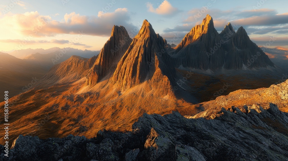 Naklejka premium Golden Hour Light Illuminates Rugged Mountain Peaks
