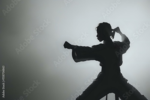 Martial Artist Executes a Powerful Strike, Demonstrating Discipline and Strength in Silhouette, a Study in Motion and Grace, Embodying Self-Defense Techniques