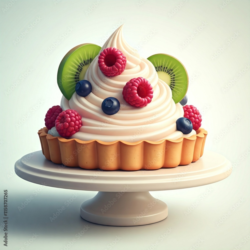 A 3D chibi fruit tart with fresh berries, kiwi, and a creamy filling, all set against a light-colored backdrop.
A 3D chibi fruit tart with fresh berries, kiwi, and a creamy filling, all set against a light-colored backdrop.