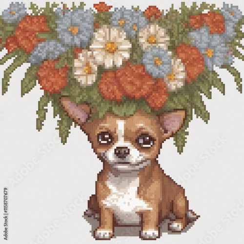 Pixel art image dog flower crown its head set against white background