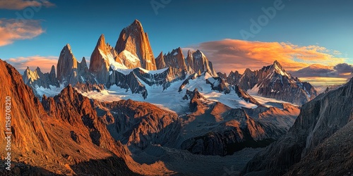 Majestic Fitz Roy Mountain Range Sunrise Panorama photo