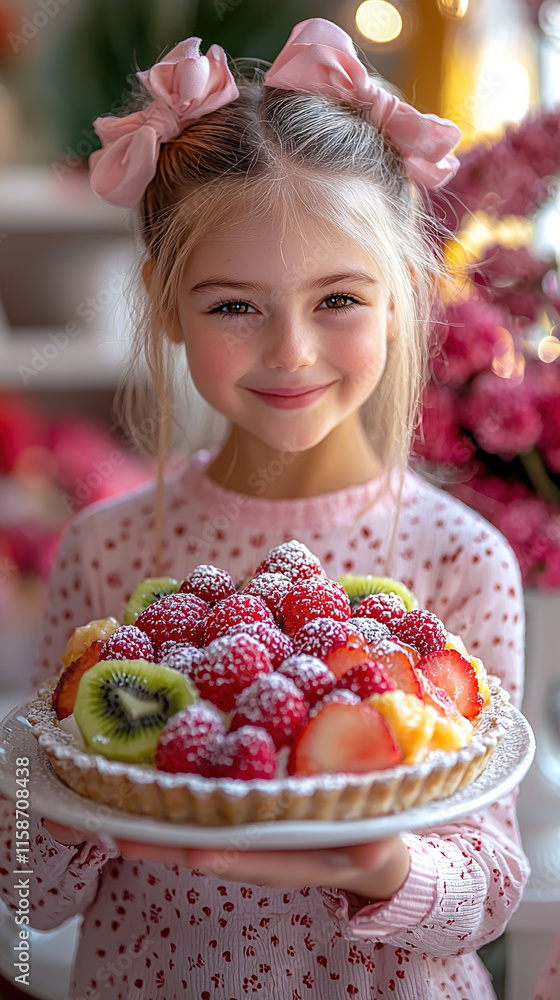 Delicate Fruit Tart with Custard, Berries, Kiwi, and Passionfruit on Porcelain Plate with Powdered Sugar
Delicate Fruit Tart with Custard, Berries, Kiwi, and Passionfruit on Porcelain Plate with Powdered Sugar
