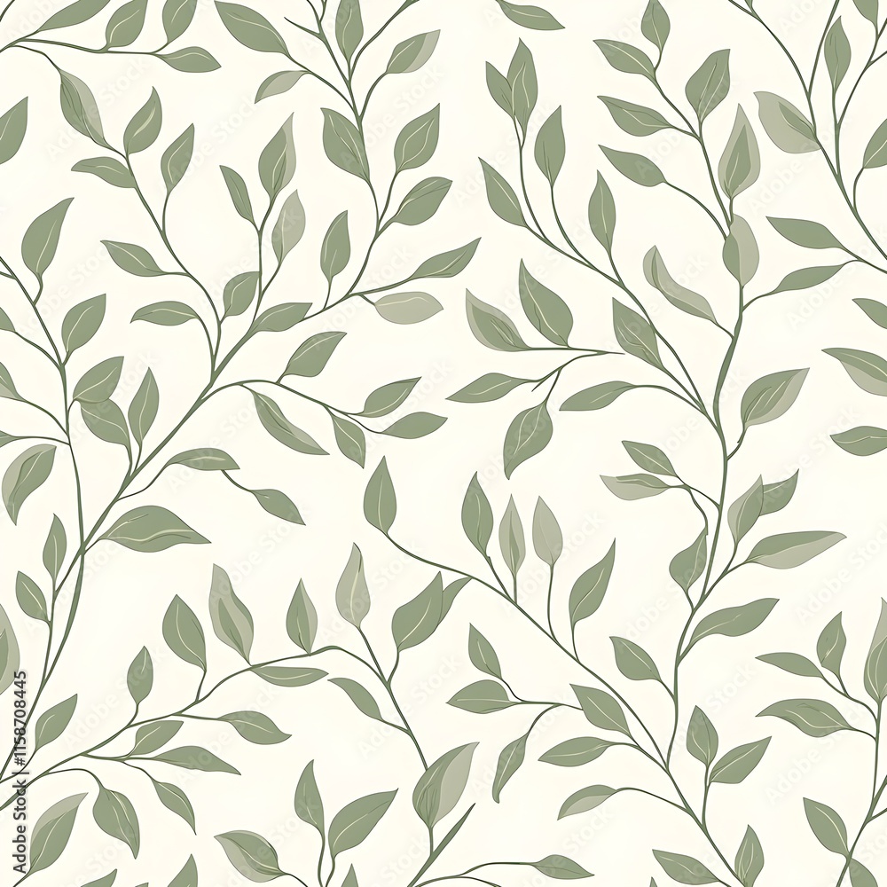 Seamless pattern of sage green vines gracefully sprawled across a crisp white background Seamless pattern of sage green vines gracefully sprawled across a crisp white background
