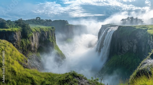 Misty Waterfall in a Tropical Rainforest: Breathtaking Cascading Water, Lush Vegetation, and Scenic Views for Eco-Tourism and Outdoor Adventure in Pristine Nature