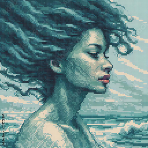 Woman long hair stands ocean unique feature red lip image is pixel art