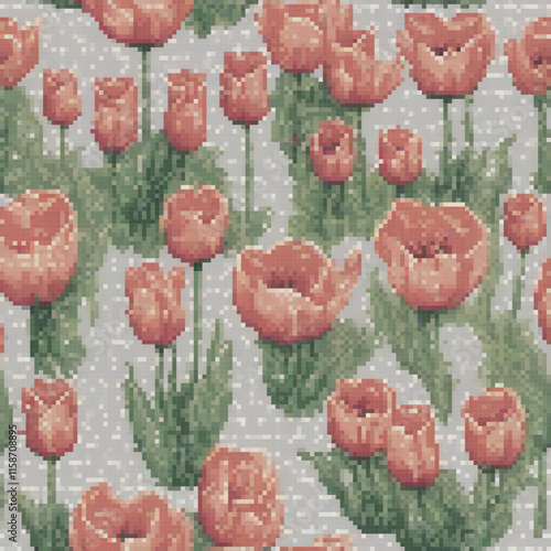 Image showcases field red tulips green leaves gray background pixel art style