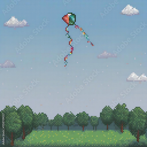 Pixel art image depicts kite soaring sky trees field showcasing unique blend colors textures