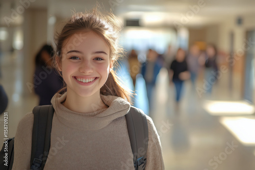 Smiling portrait of student girl at school hallway with backpack for learning, studying or knowledge.