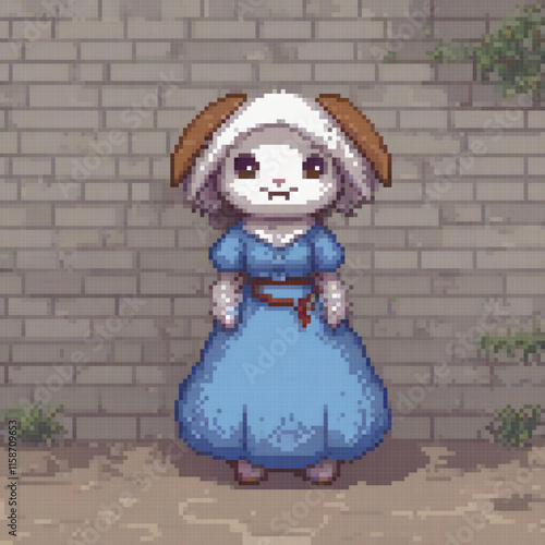 Pixel art image rabbit blue dress standing next brick wall